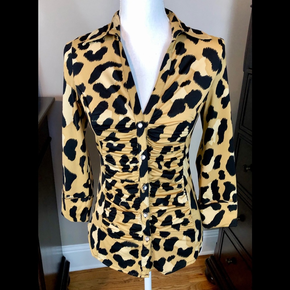 I.N.C. SZ S CHEATAH PRINT STRETCH SHIRT BLOUSE
